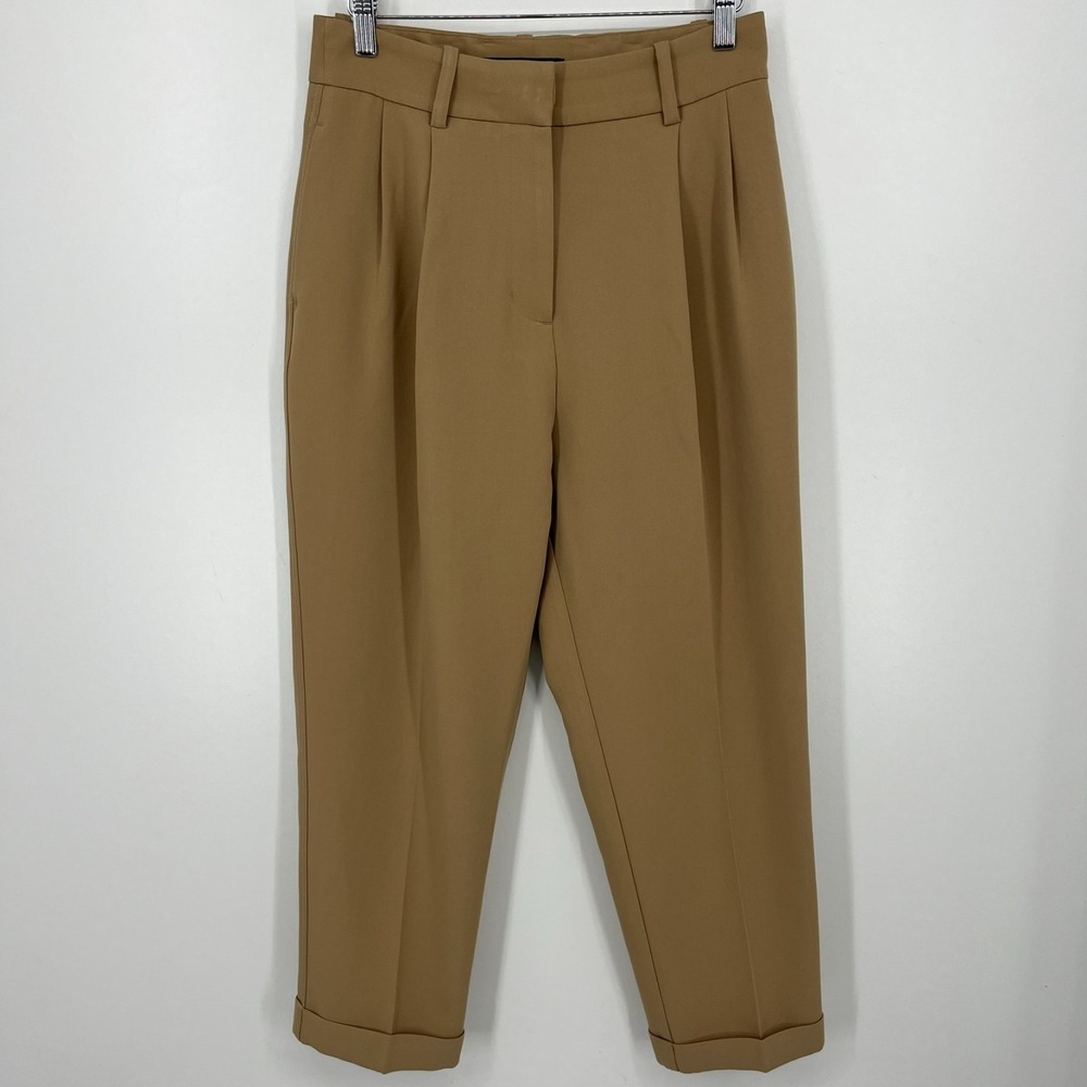 Zara Pleated Pants Womens Size XS Beige Solid Zip Fly High Rise Straight Leg